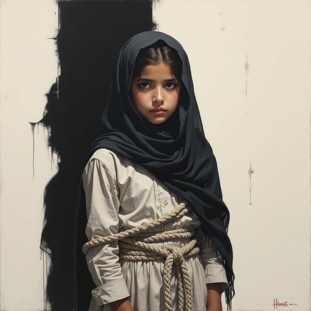 Figurative Expressionist Painting of Girl Bound by Tradition