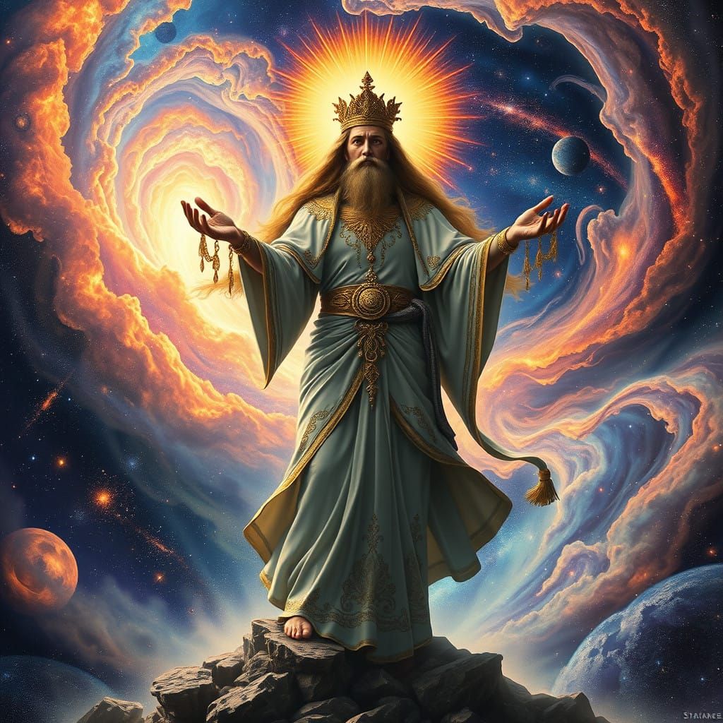 Divine Creator Shaping the Cosmos in Ethereal Style