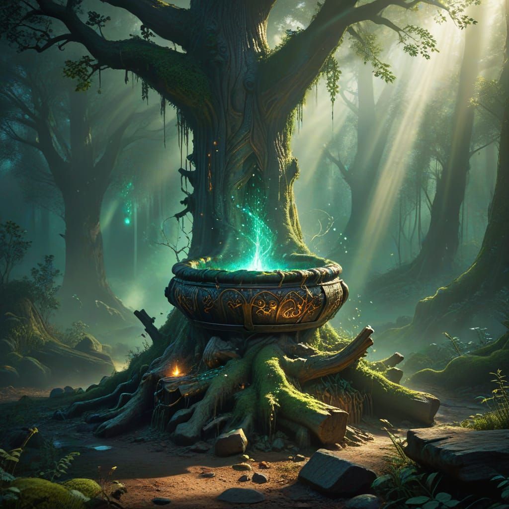 Druid Brews Emerald Magic in Ancient Tree Cauldron