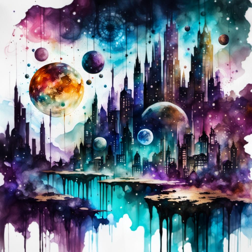Futuristic Cityscape in Alcohol Ink Style