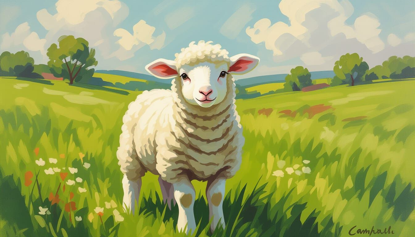 Timid Lamb in Meadow, Whimsical Art Style