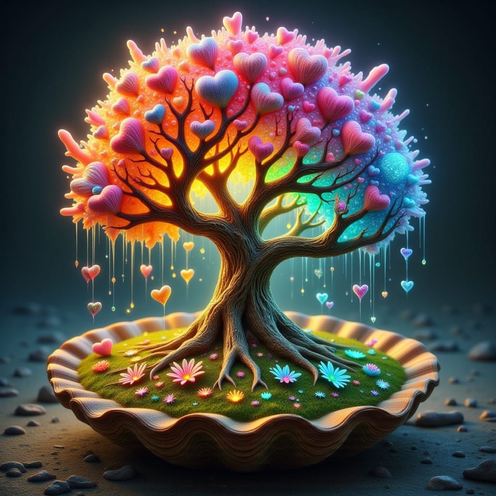 Chibi Tree of Life with Rainbow Heart Leaves