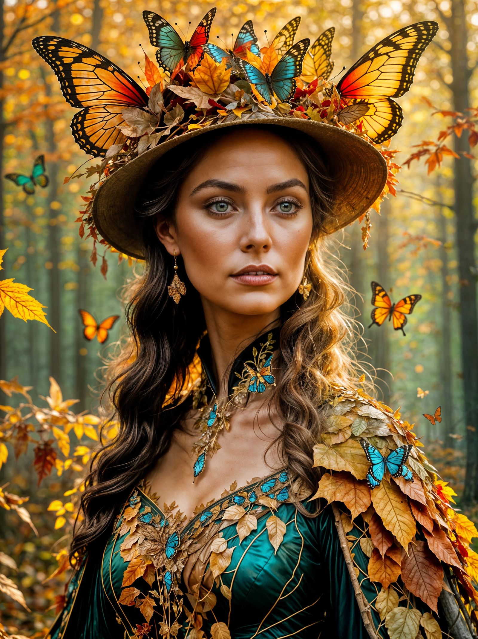 Regal Woman in Autumn Leaf Hat in Enchanted Forest