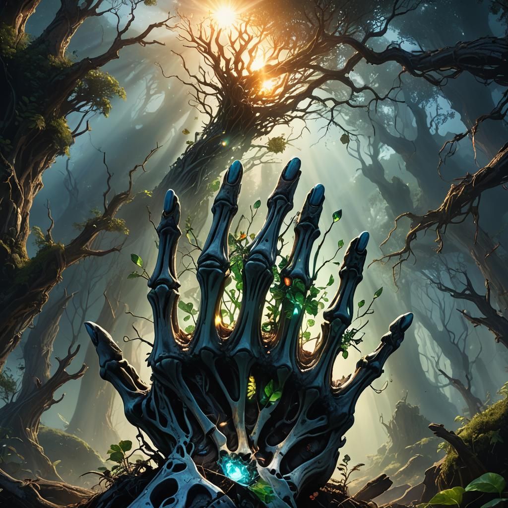 Skeletal Hand Grasps the Sun: Dark Fantasy Art
