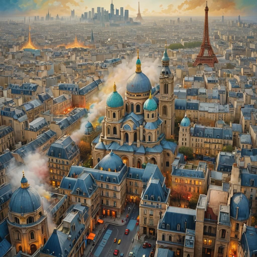 Surreal Paris-Beijing Cityscape Fusion in Abstract Style