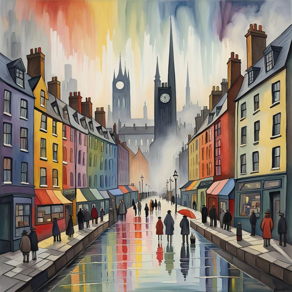 Rainbow City in Impressionist Gouache Style