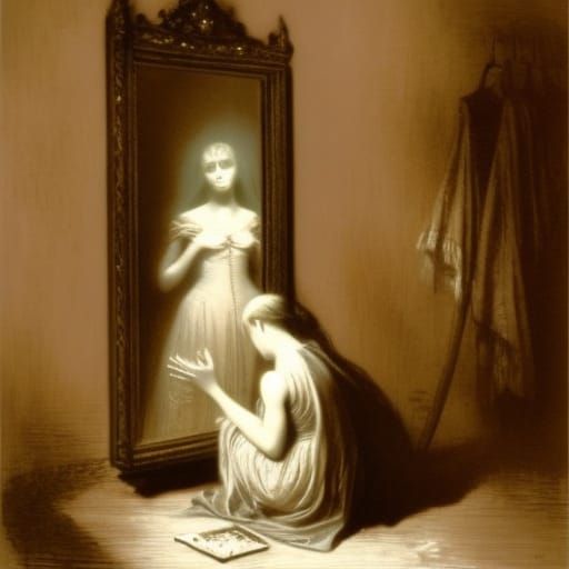 girl observing ghost in mirror