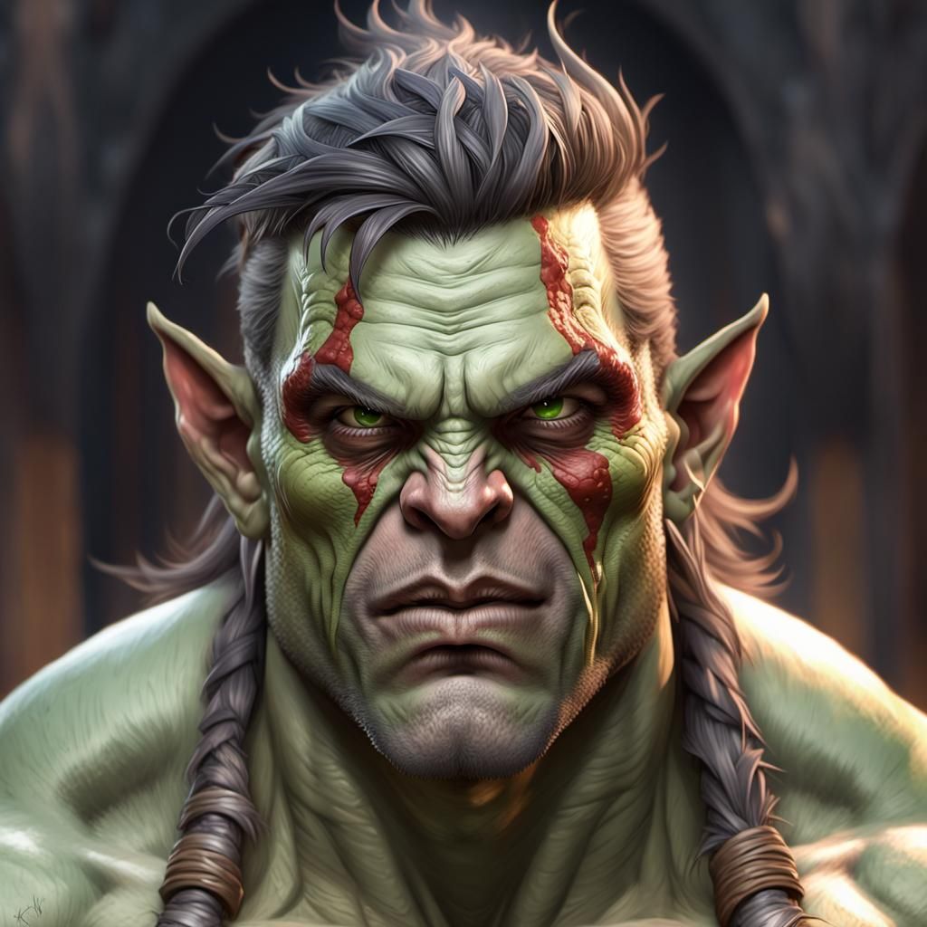Aggressive Half-Orc Barbarian Portrait in Hyperdetailed Styl...