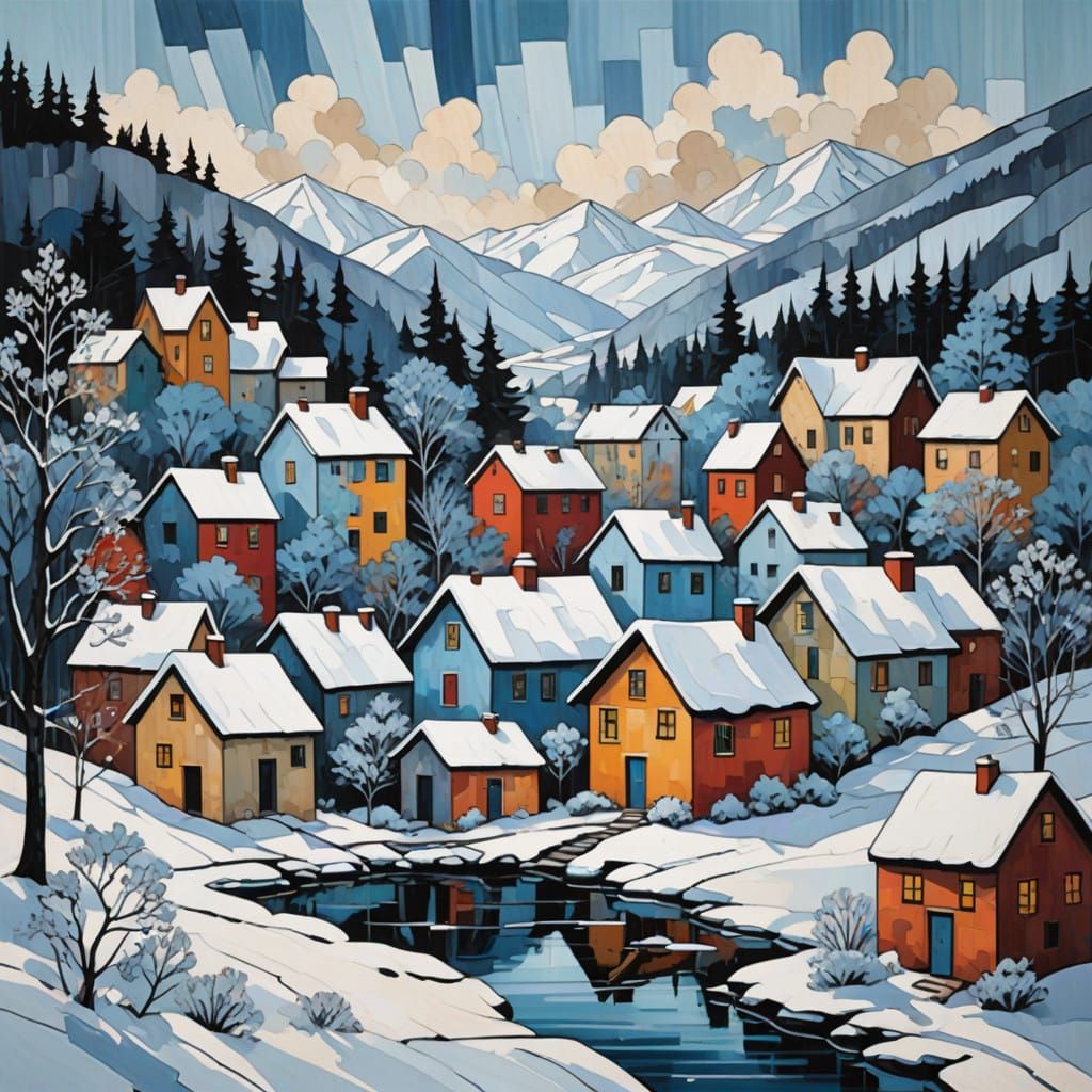 Cubist Village Scene with Snowfall in Geometric Shapes