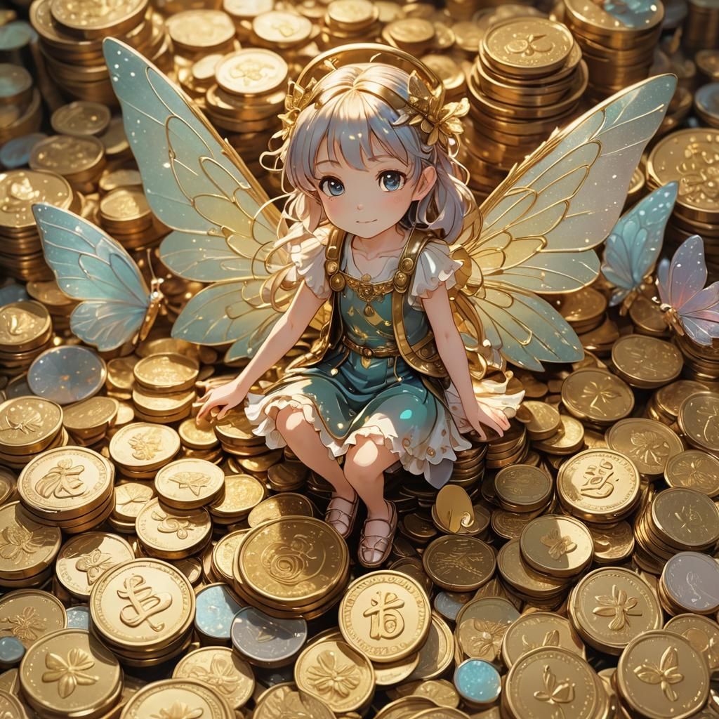 Fairy on Gold Coins in Manga Anime Style