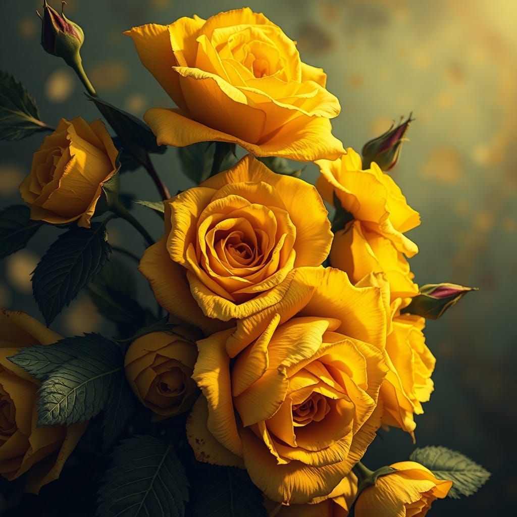 Vibrant Yellow Roses Bloom Amidst Vintage Elegance