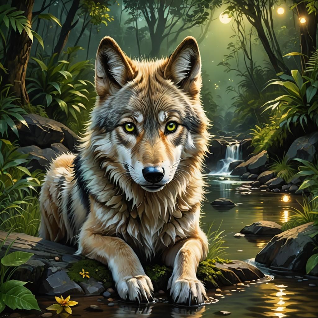 Adorable Wolf Portrait in Lush Jungle, Digital Art