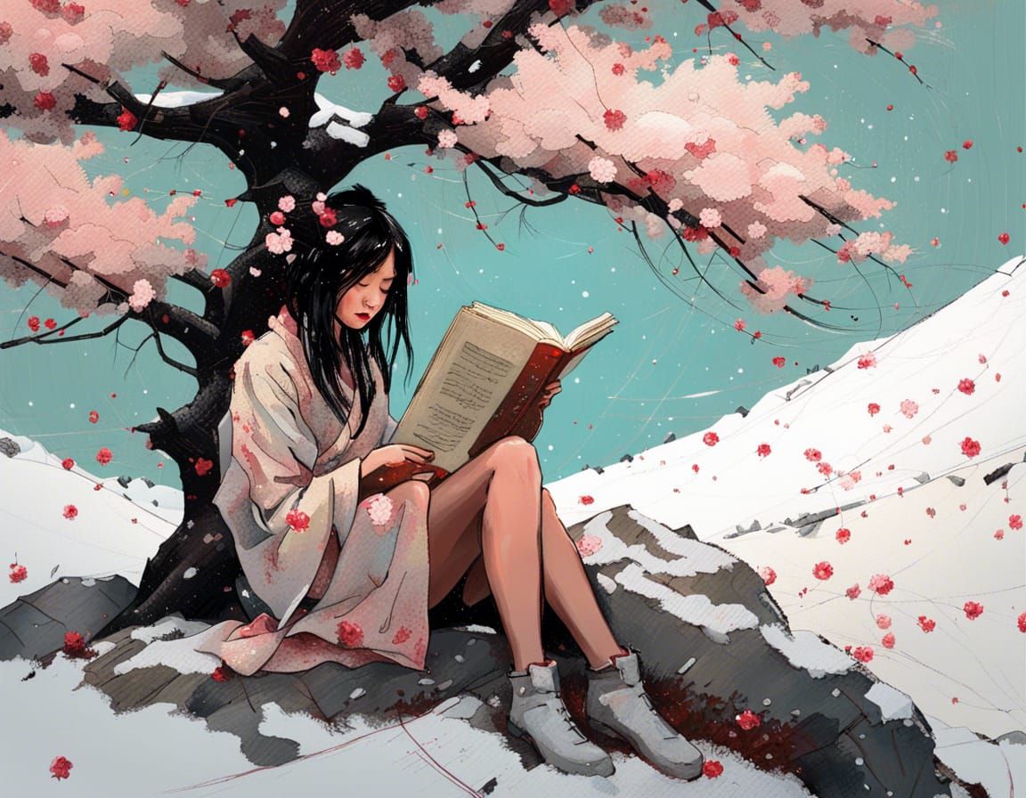 Japanese Girl Reading Under Cherry Blossom Tree