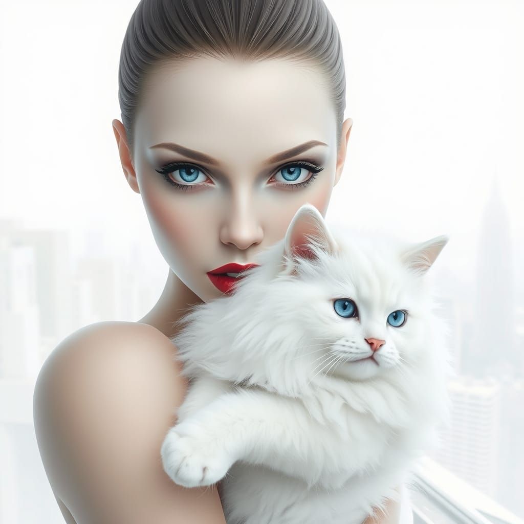 Abstract Woman and Cat in Minimalist White Scene