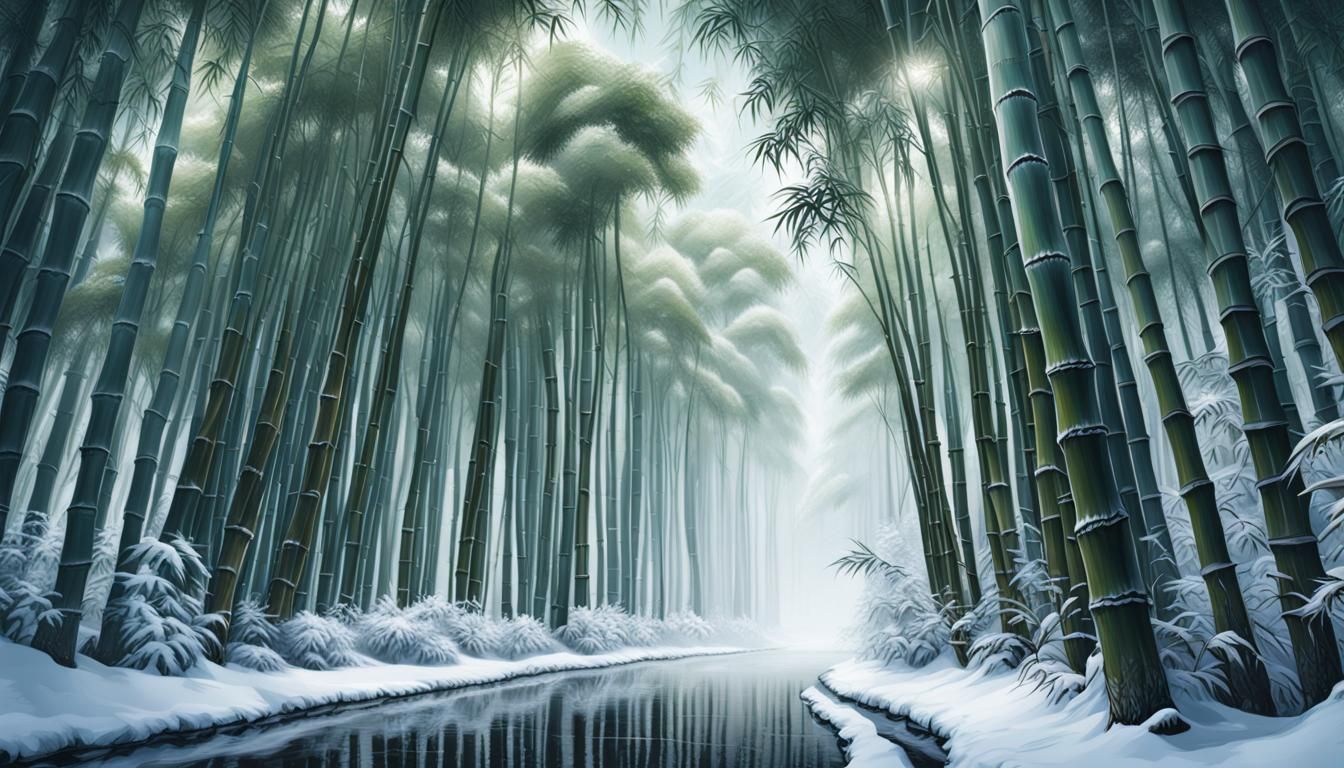 Snowy Bamboo Path in Hyperrealistic Style