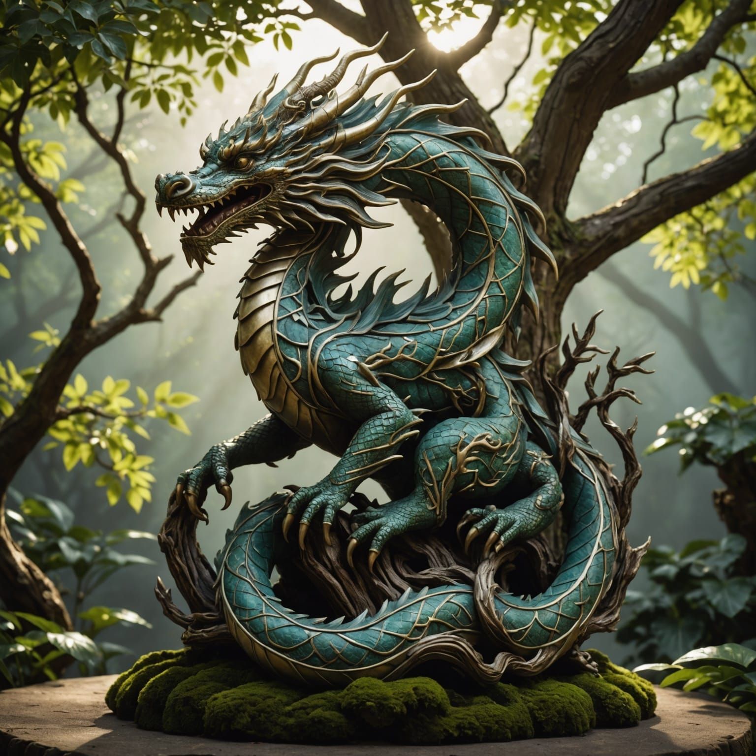 "An intricately carved dragon, its sinuous form entwined wit...