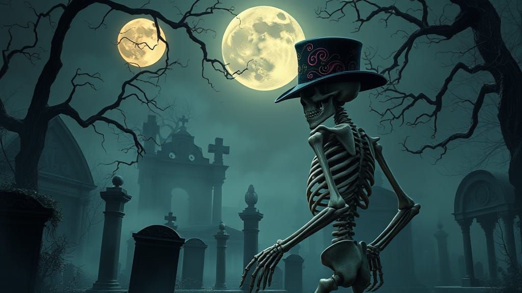 Majestic Skeleton in Dark Fantasy Cemetery Scene