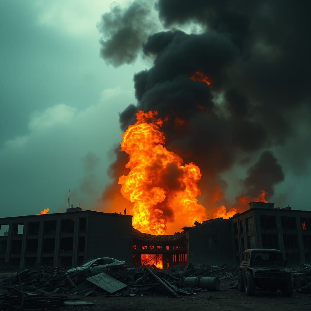 Demolished Warehouse Engulfed in Flames: Cinematic Digital A...