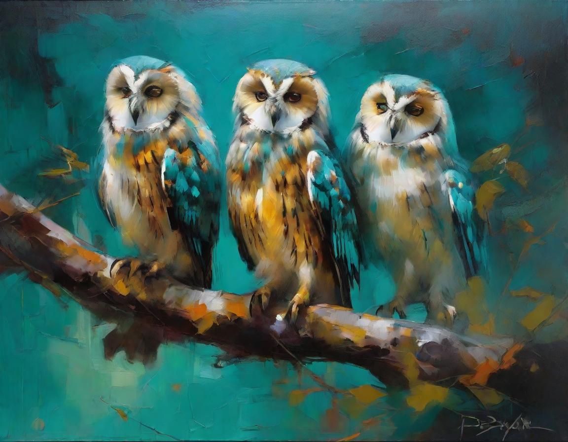 Teal Night Owls in Acrylic Oil Painting Style