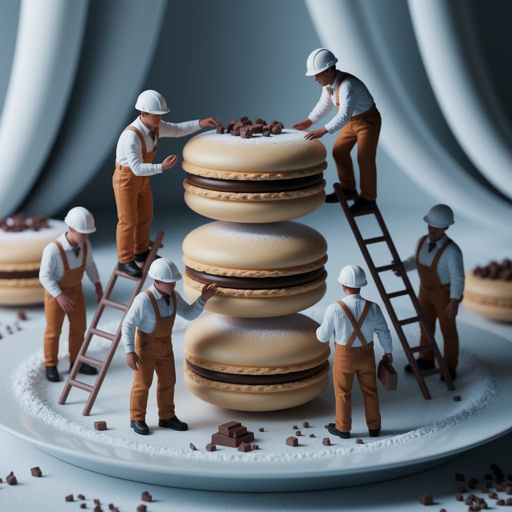 Miniature Macaron Construction Workers in Hyper-Realistic St...