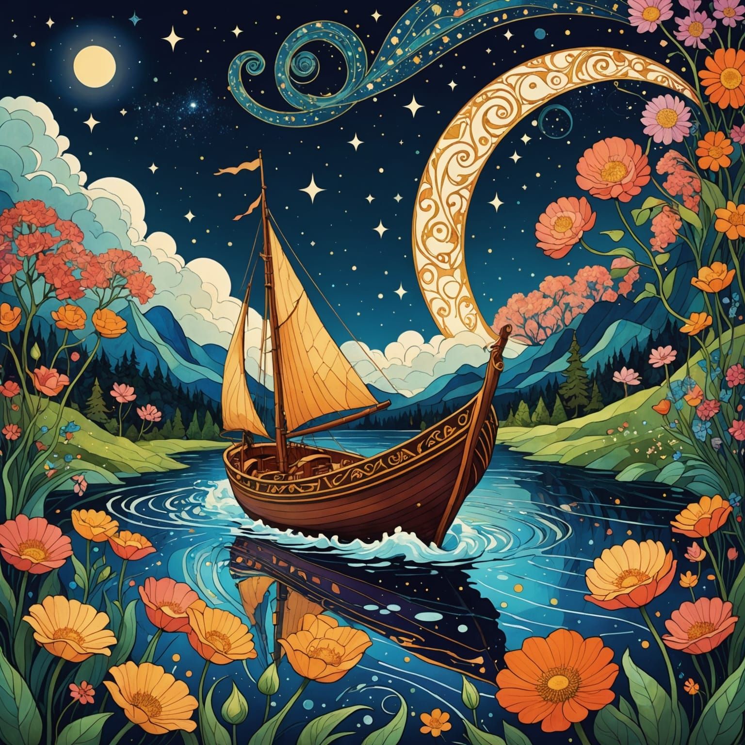 Ornate Boat on Starlight River Amidst Giant Flowers, Art Nou...