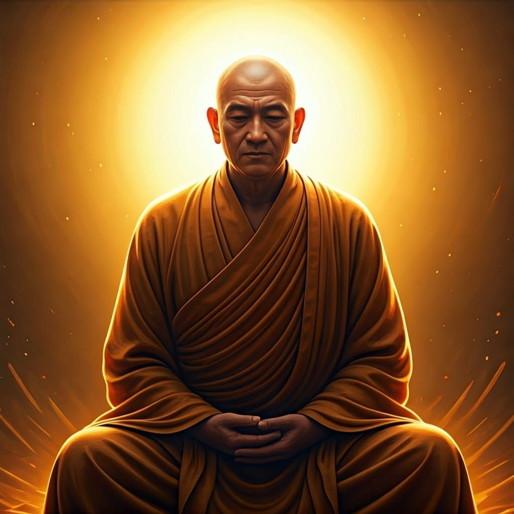 Serenely Seated Subhuti in Ethereal Golden Realm