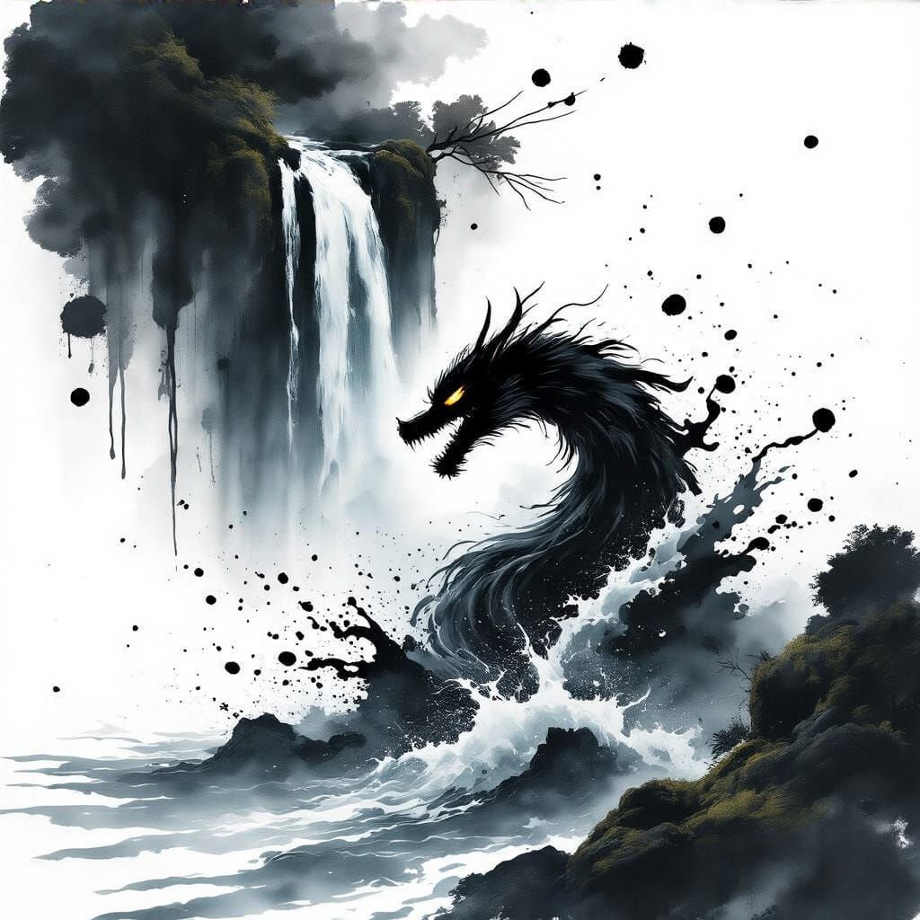 Energetic Water Ink Splash Art in Sumi-e Style