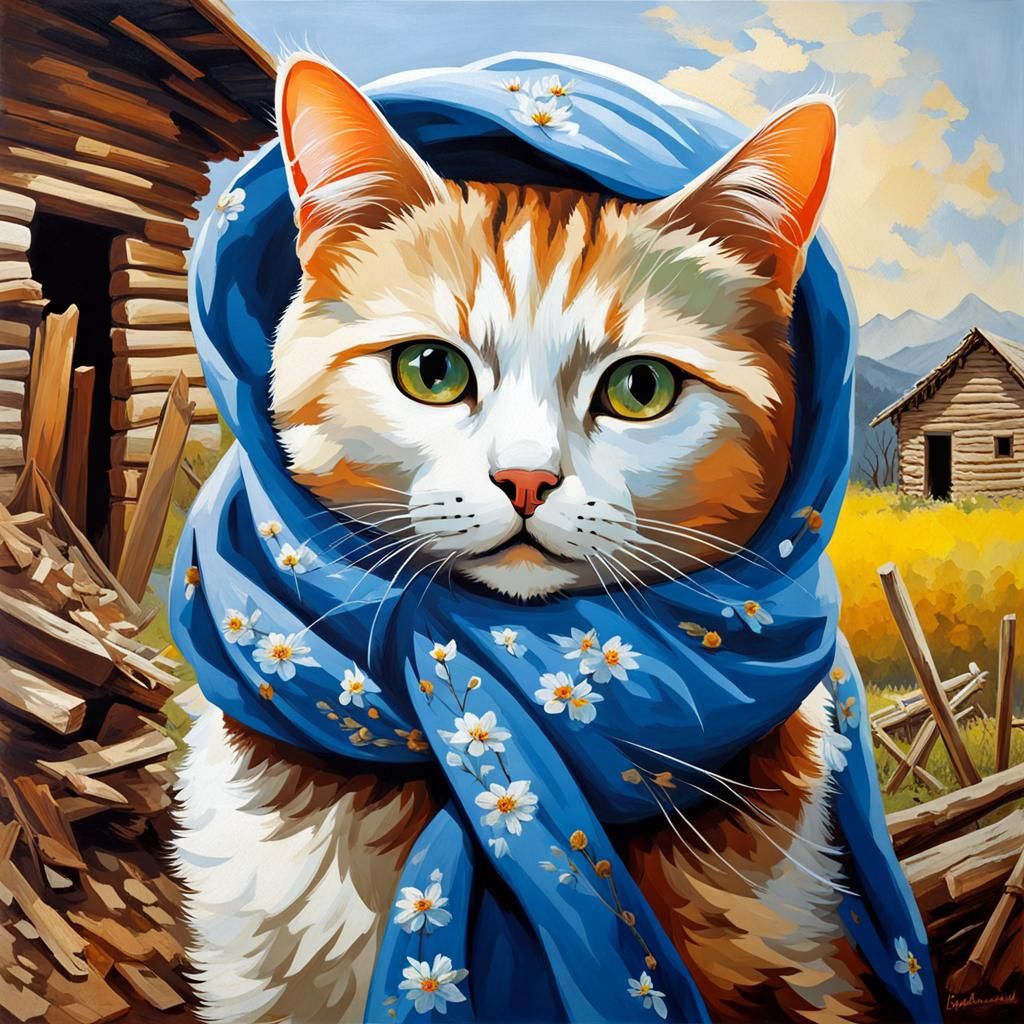 Babushka Cat in War-Torn Village, Religious Painting