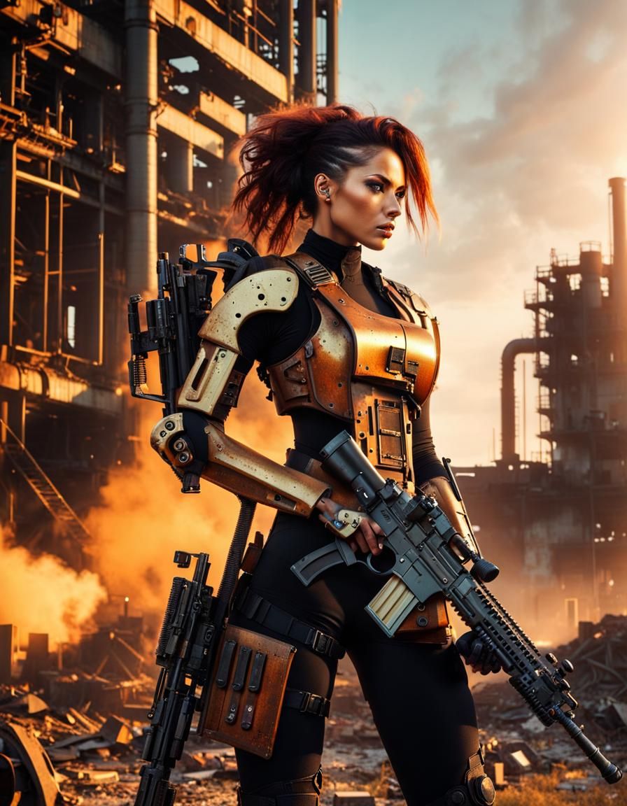 Cyborg Woman in Ruined Factory at Golden Hour