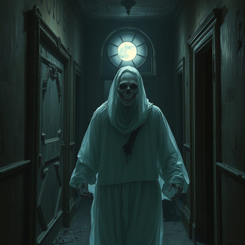 Ethereal Phantom Wanders Gothic Mansion