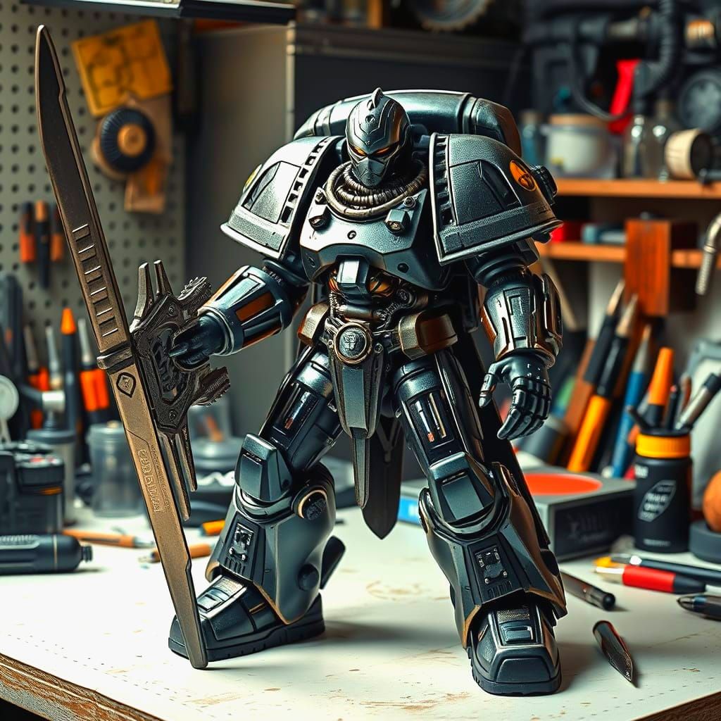 Surreal Space Marine in Dynamic Pose on Modern Workbench