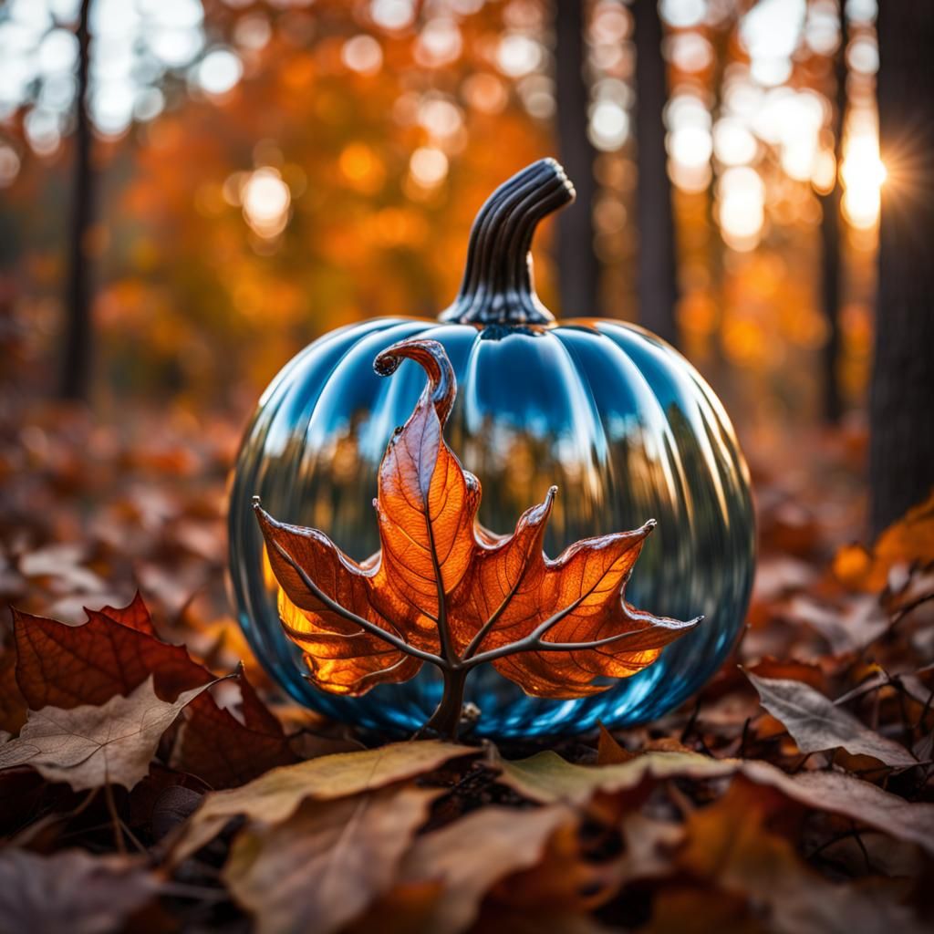 Glass Pumpkin in Autumn Woods: Natural Lighting