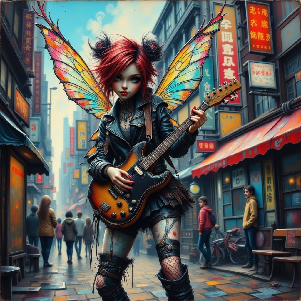 Punk Rock Fairy Playing Guitar in Neon City
