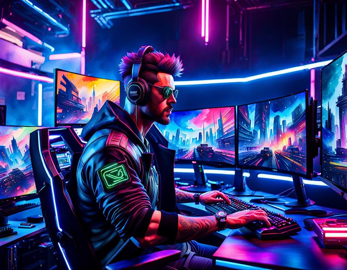 Immersive Cyberpunk Gaming Setup with RGB Lights