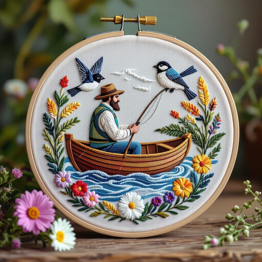 Embroidery of Fisherman in Boat with Wildflowers