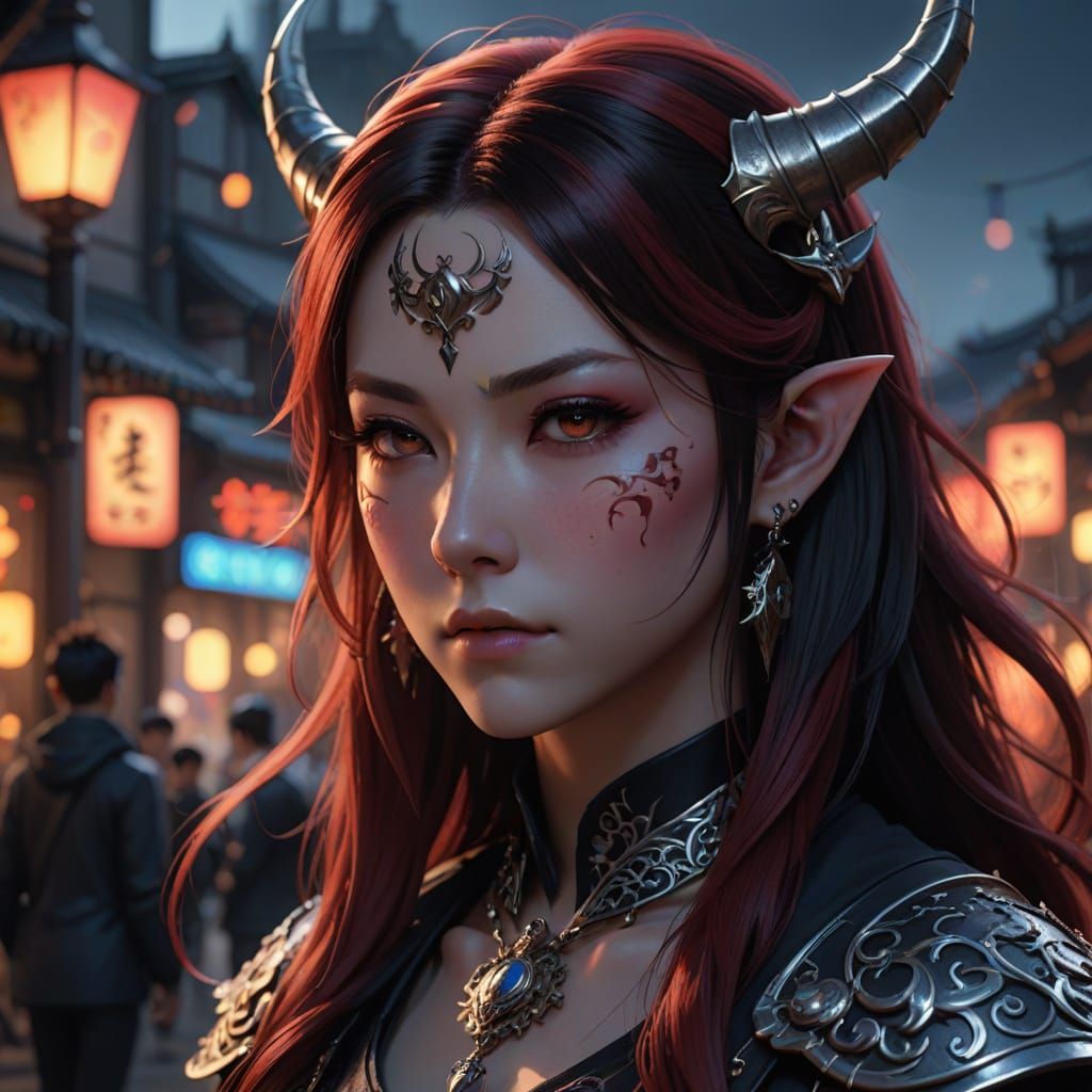 Dark Fantasy Anime Tiefling Goddess in Misty Twilight