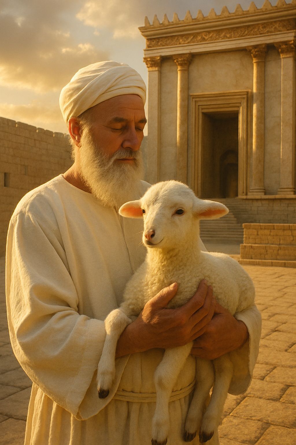 Priest with Lamb in Jerusalem Temple, Photo-Realistic Style