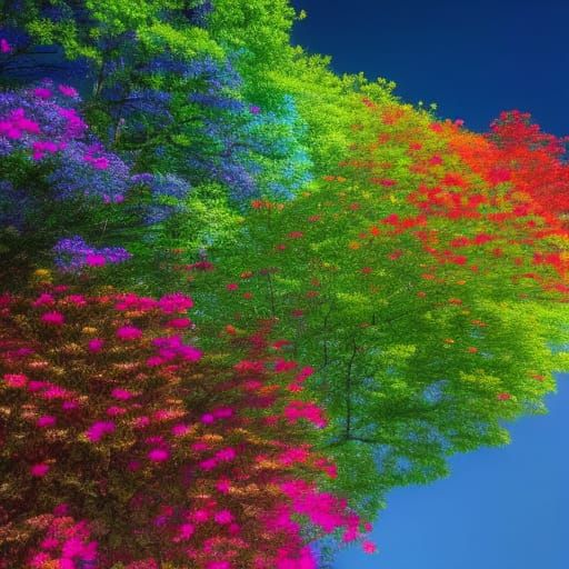 Hyperrealistic Roses and Trees Reflecting Rainbow