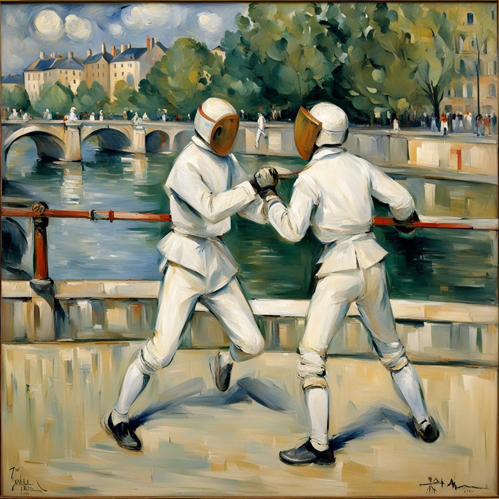 Fencing Match on Pont Neuf in Impressionistic Style