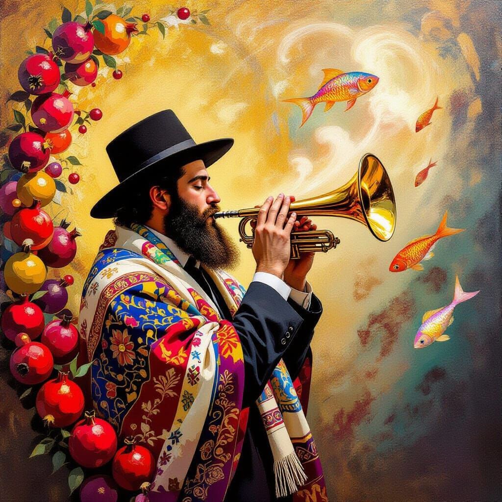 Hasidic Man Blowing Shofar in Synagogue