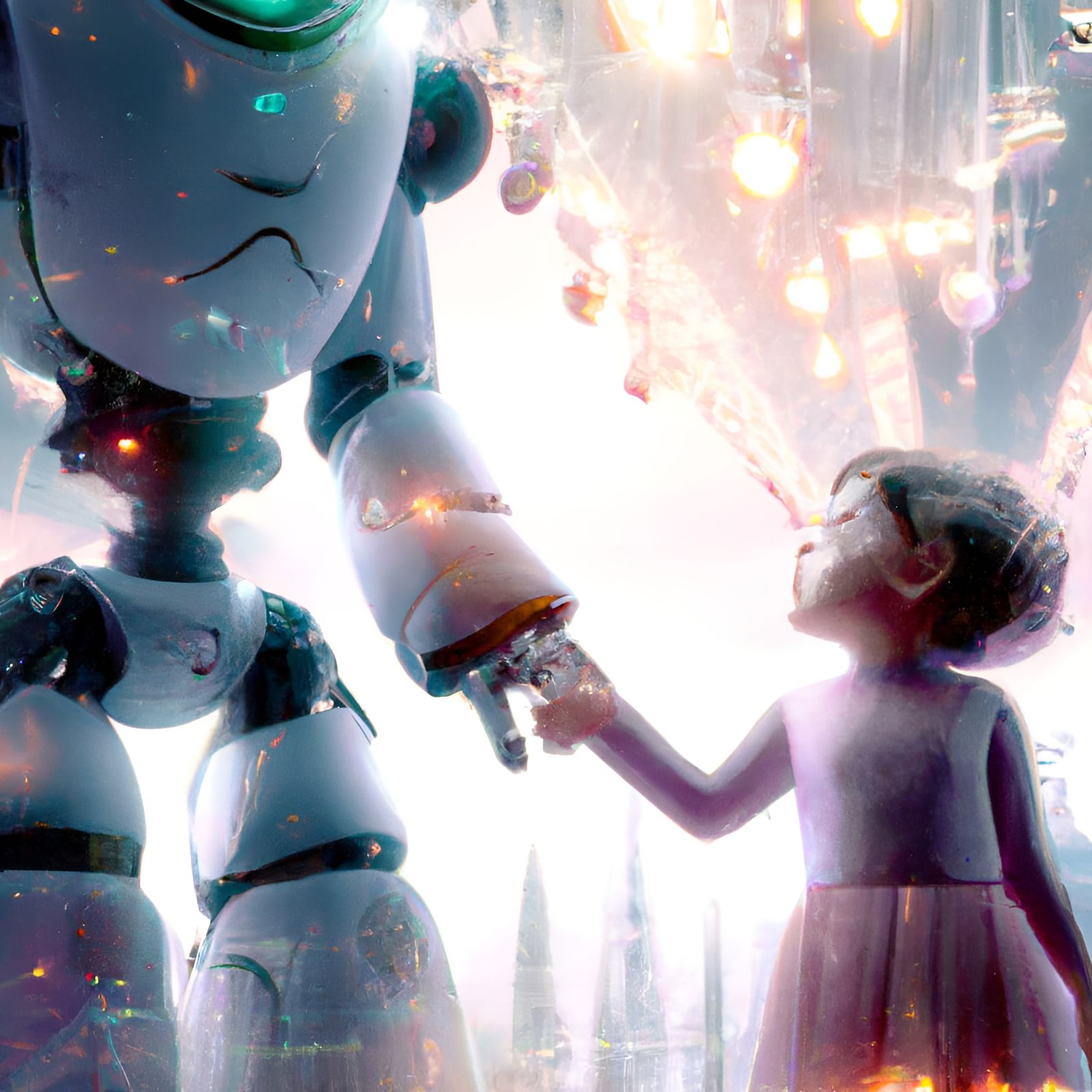 Robot and Girl in Ethereal Nursery, Digital Art