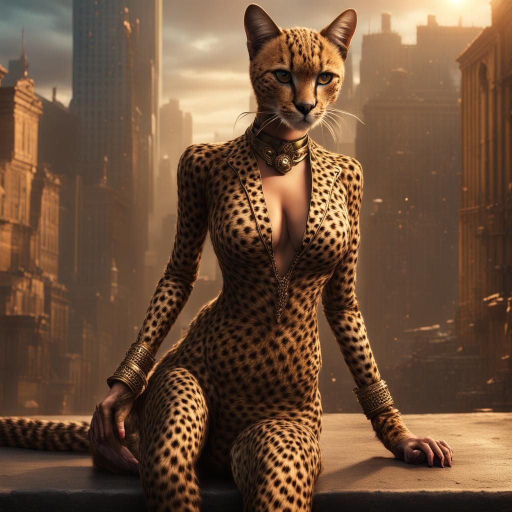Cat Woman in Cheetah Print, Detailed Matte Painting