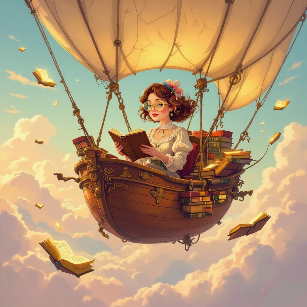 Enchanted Librarian Piloting Airship in Pastel Sky