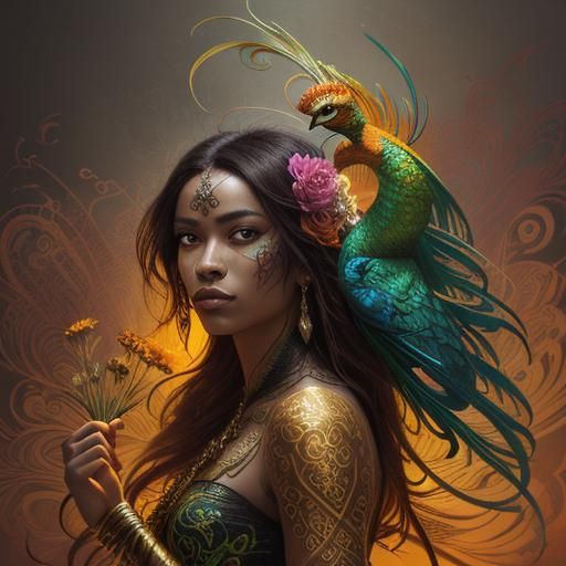 Dragon Peacock Woman in Abstract Expressionism Style