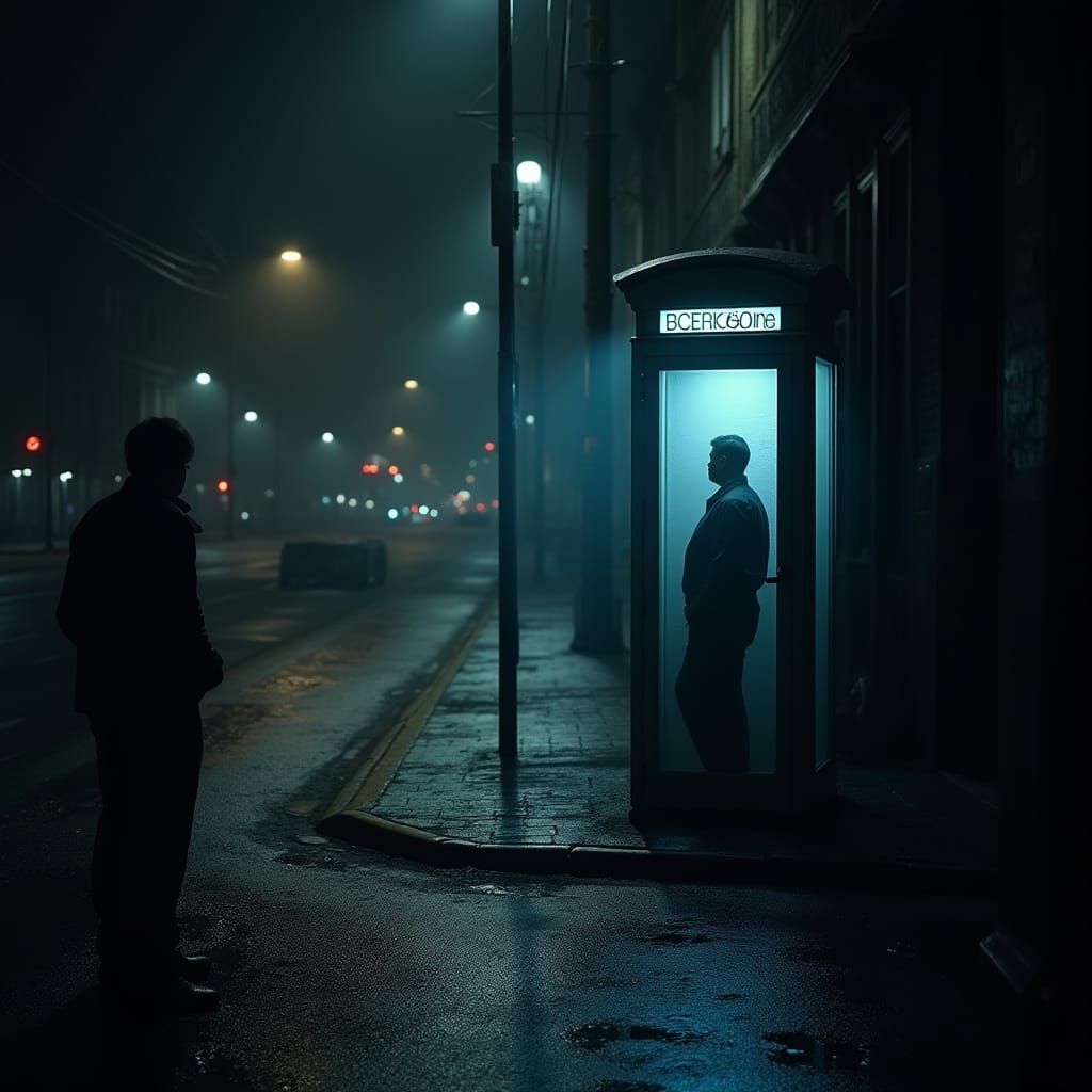 Man in Rain at Glowing Phone Booth, Night Scene