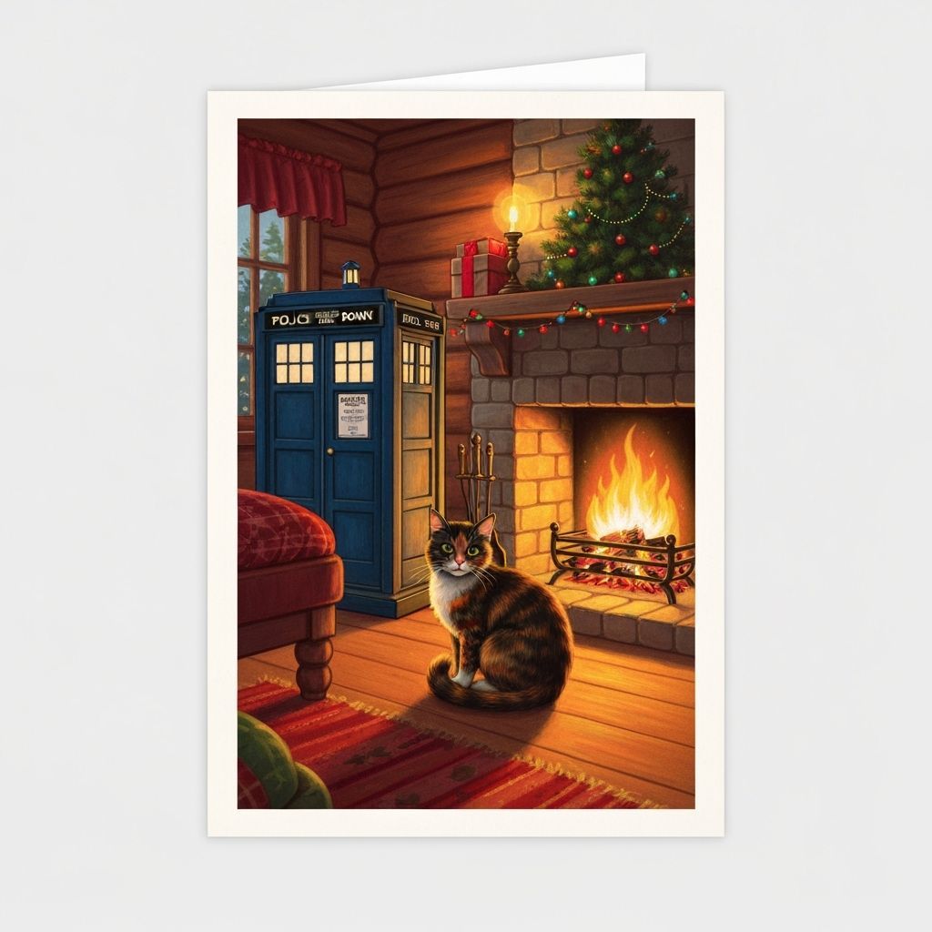 Vintage Christmas Scene with Cat and TARDIS Illustration