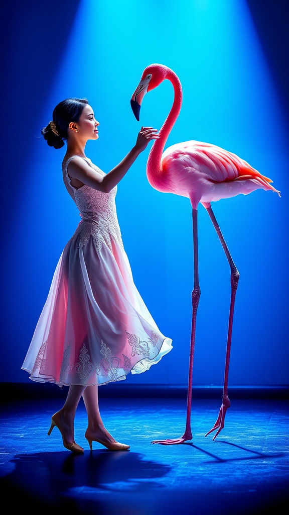 Woman Waltzing with Flamingo on Stage in 4K