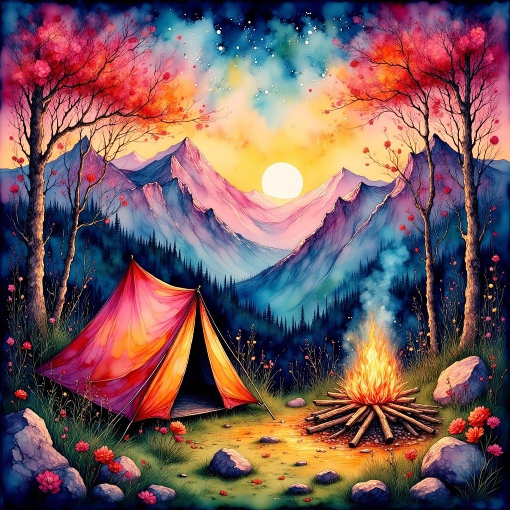 Mountain Campfire in Naive Folk Art Style
