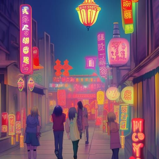 Colorful Lanterns Light Up Anime City Night