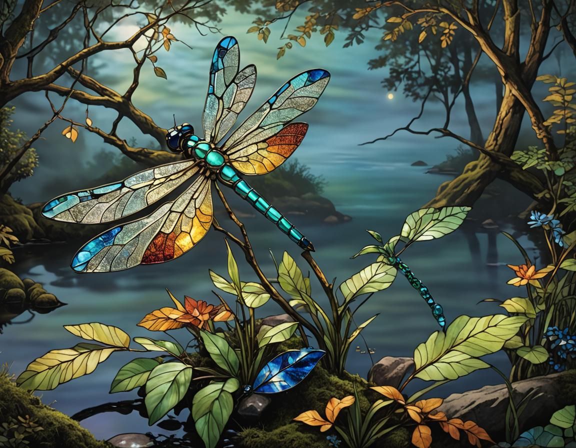 Stained Glass Dragonfly in Enchanted Forest